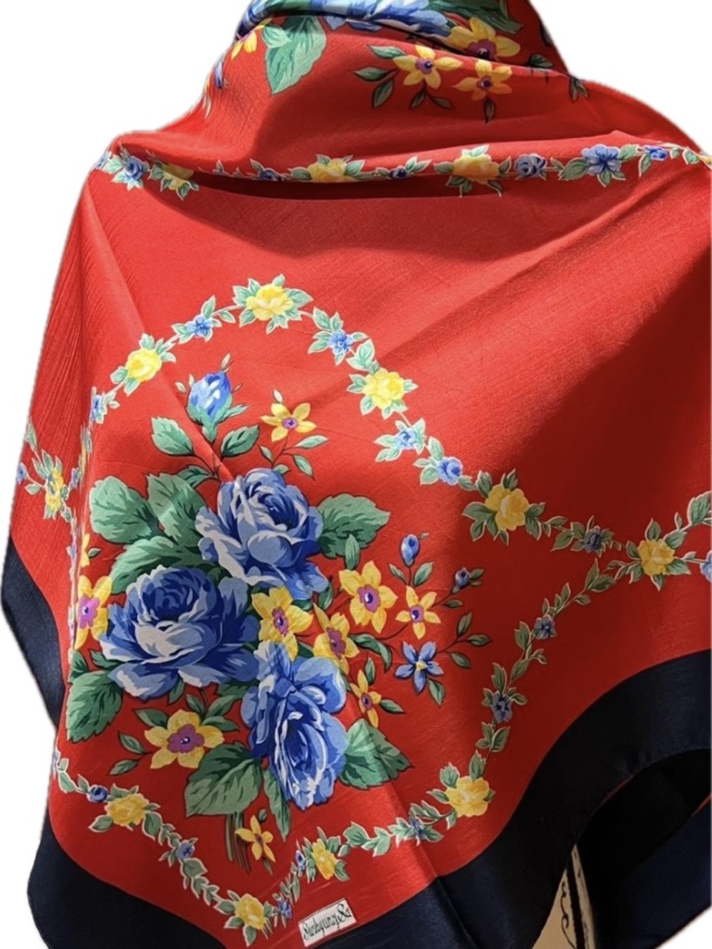 Sunkyang Sa Vintage Silk Scarf in Red Floral & Blue Rose Bouquet 34”x34” - Picture 3 of 6